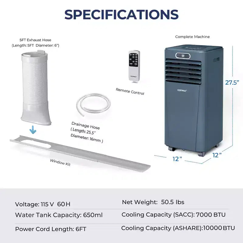 Climatiseur portable Costway 5000 BTU (8000 BTU ASHRAE) avec télécommande, refroidisseur d'air 3-en-1 avec séchage