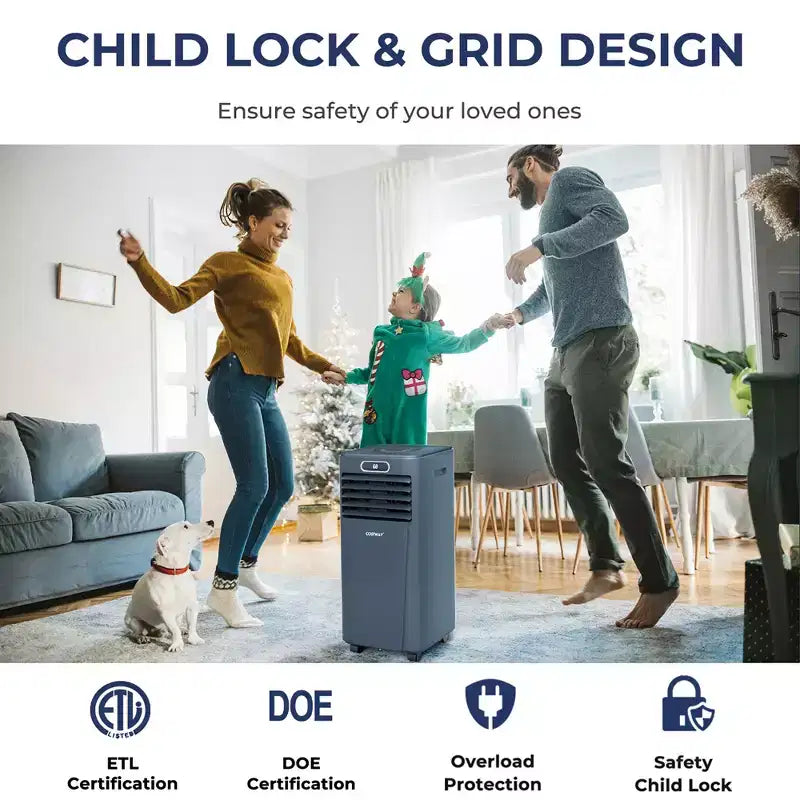 Climatiseur portable Costway 5000 BTU (8000 BTU ASHRAE) avec télécommande, refroidisseur d'air 3-en-1 avec séchage