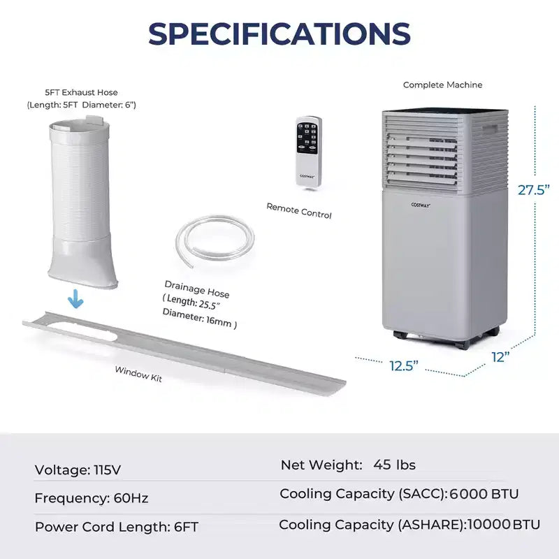 Climatiseur portable Costway 10000 BTU ASHRAE 3-en-1 avec déshumidificateur et mode ventilateur