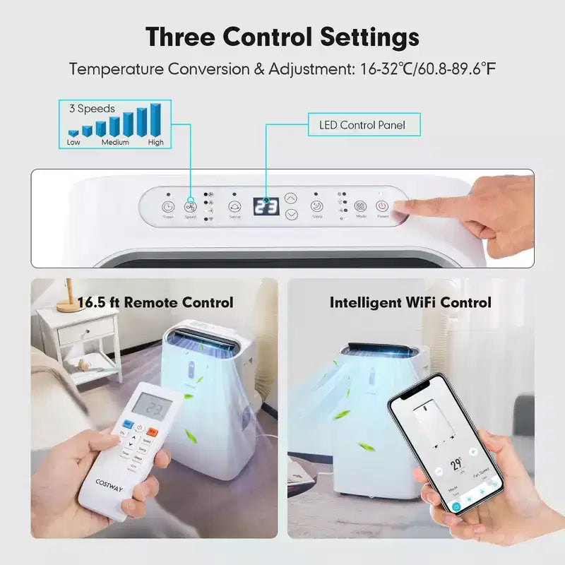 Climatiseur portable 4-en-1 Costway 8800 BTU (12000 BTU ASHRAE) avec contrôle intelligent APP et WiFi