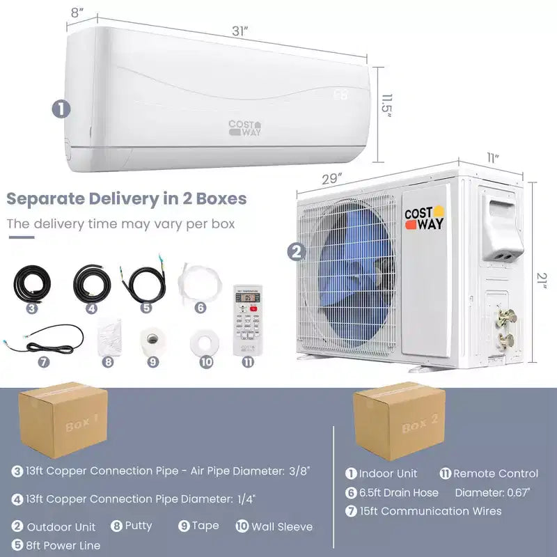 Costway Climatiseur et Chauffage Mini Split Sans Conduit 12000 BTU 17 SEER2 70 m²