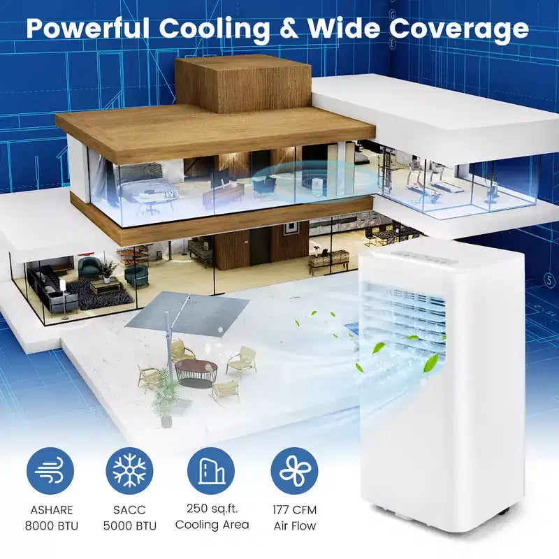 Costway Climatiseur portable 3-en-1 5000 BTU (8000 BTU ASHRAE) avec modes Froid, Déshumidification, Ventilation et Nuit