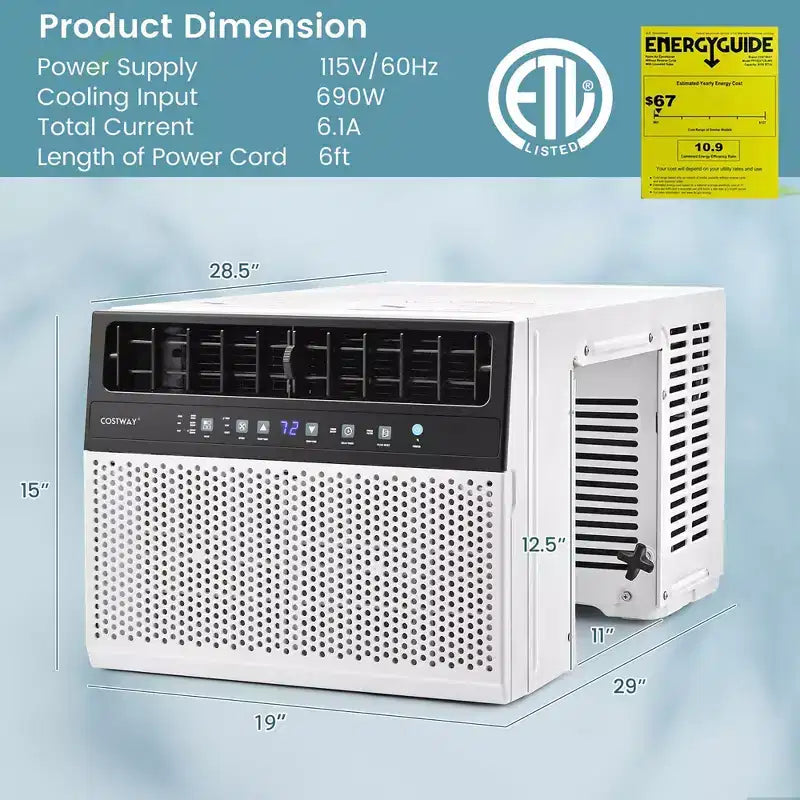 Climatiseur de fenêtre Costway 8100 BTU (12000 BTU Ashrae) avec télécommande, panneau de commande LED, jusqu'à 37 m²