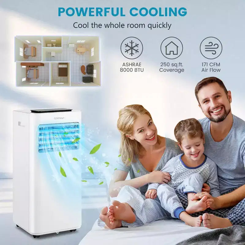 Climatiseur portable Costway 8000 BTU 3-en-1 avec ventilateur rafraîchissant, déshumidificateur et mode veille