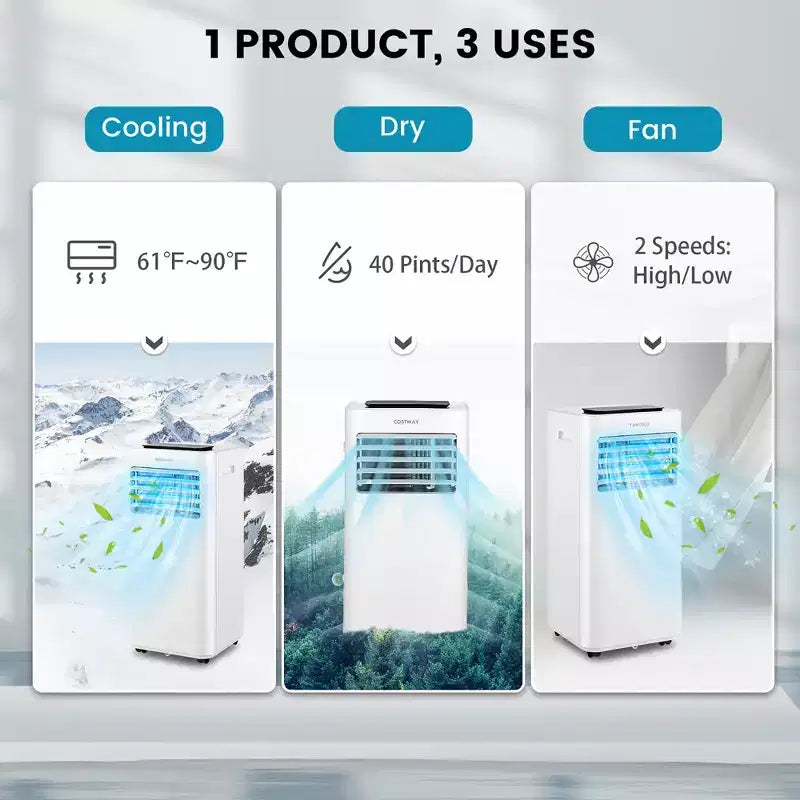 Climatiseur portable Costway 8000 BTU 3-en-1 avec ventilateur rafraîchissant, déshumidificateur et mode veille