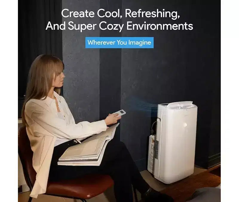 Climatiseur portable SereneLife 14 000 BTU pour la maison avec déshumidificateur, ventilateur, télécommande + kit de fenêtre, blanc