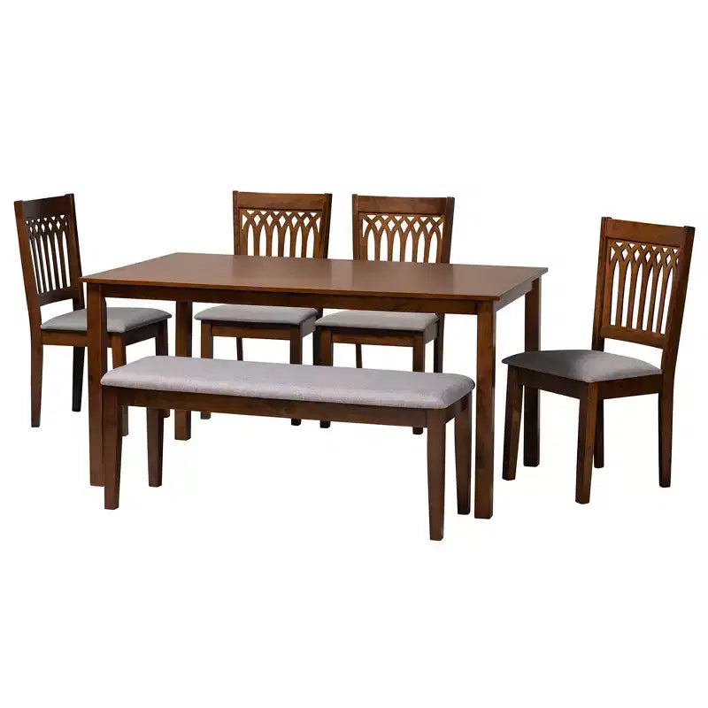 Juego de comedor moderno de tela y madera para 6 personas – 4 sillas + banco + mesa