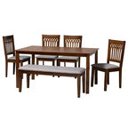 Juego de comedor moderno de tela y madera para 6 personas – 4 sillas + banco + mesa