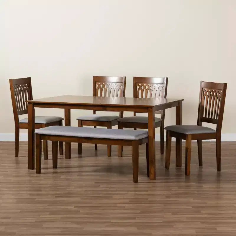 Juego de comedor moderno de tela y madera para 6 personas – 4 sillas + banco + mesa