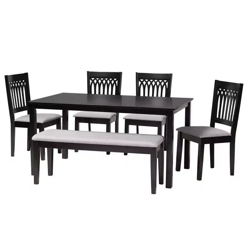Juego de comedor moderno de tela y madera para 6 personas – 4 sillas + banco + mesa