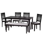 Juego de comedor moderno de tela y madera para 6 personas – 4 sillas + banco + mesa