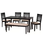 Juego de comedor moderno de tela y madera para 6 personas – 4 sillas + banco + mesa