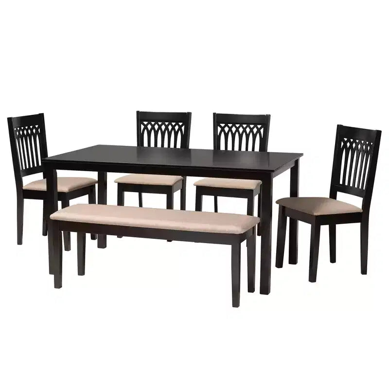 Juego de comedor moderno de tela y madera para 6 personas – 4 sillas + banco + mesa