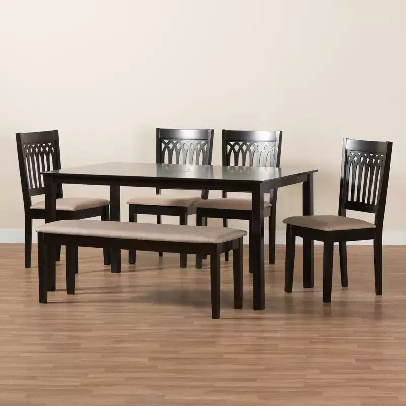 Juego de comedor moderno de tela y madera para 6 personas – 4 sillas + banco + mesa