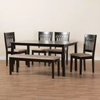 Juego de comedor moderno de tela y madera para 6 personas – 4 sillas + banco + mesa