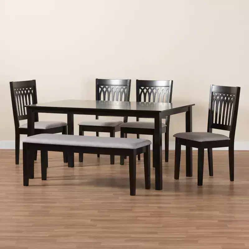 Juego de comedor moderno de tela y madera para 6 personas – 4 sillas + banco + mesa