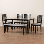 Juego de comedor moderno de tela y madera para 6 personas – 4 sillas + banco + mesa