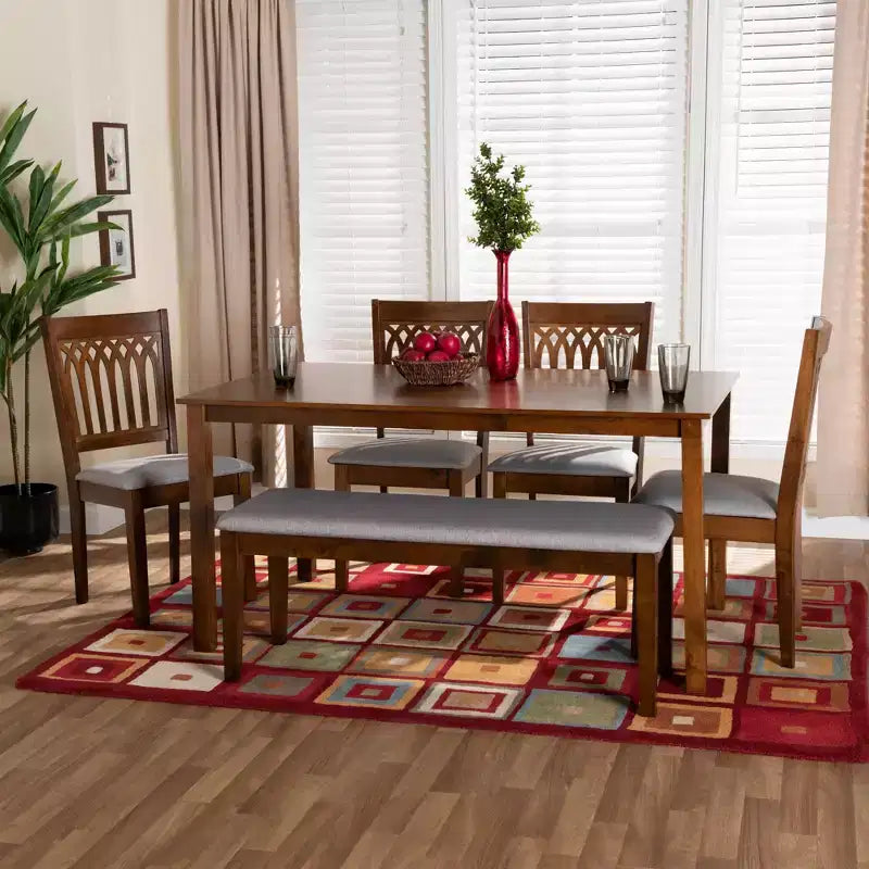 Juego de comedor moderno de tela y madera para 6 personas – 4 sillas + banco + mesa