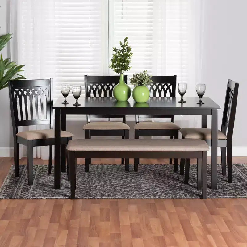 Juego de comedor moderno de tela y madera para 6 personas – 4 sillas + banco + mesa