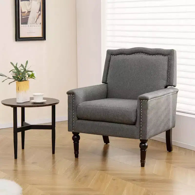 Sillón gris de mediados de siglo, individual, lino y madera de caucho