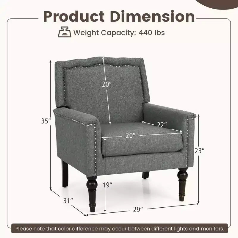 Sillón gris de mediados de siglo, individual, lino y madera de caucho