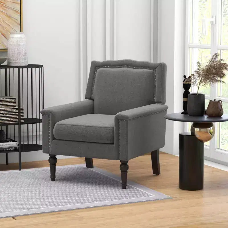 Sillón gris de mediados de siglo, individual, lino y madera de caucho