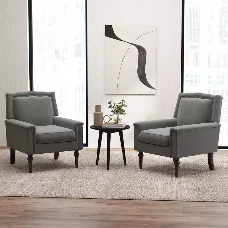 Sillón gris de mediados de siglo, individual, lino y madera de caucho