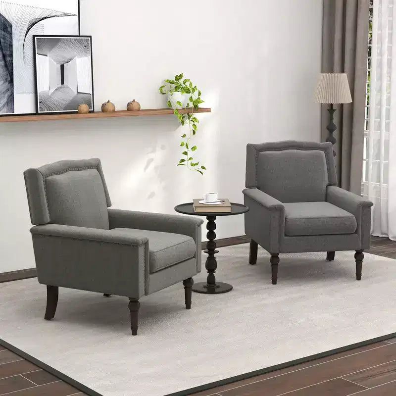 Sillón gris de mediados de siglo, individual, lino y madera de caucho