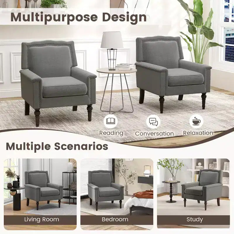 Sillón gris de mediados de siglo, individual, lino y madera de caucho