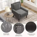 Sillón gris de mediados de siglo, individual, lino y madera de caucho