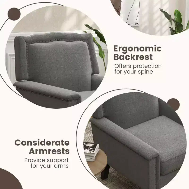 Sillón gris de mediados de siglo, individual, lino y madera de caucho