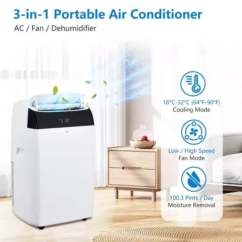 Climatiseur portable 14000 BTU 3 en 1 avec télécommande, mode froid, double moteur et balayage automatique