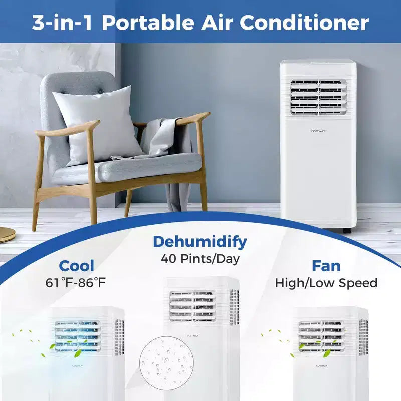 Climatiseur portable Costway 9000 BTU 3 en 1 avec ventilateur, déshumidificateur et mode veille 6250 BTU (9000 BTU ASHRAE)
