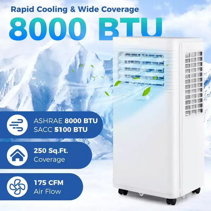 Climatiseur portable Costway 8000 BTU 3-en-1 avec ventilateur et déshumidificateur mode veille 5100 BTU (8000 BTU ASHRAE)