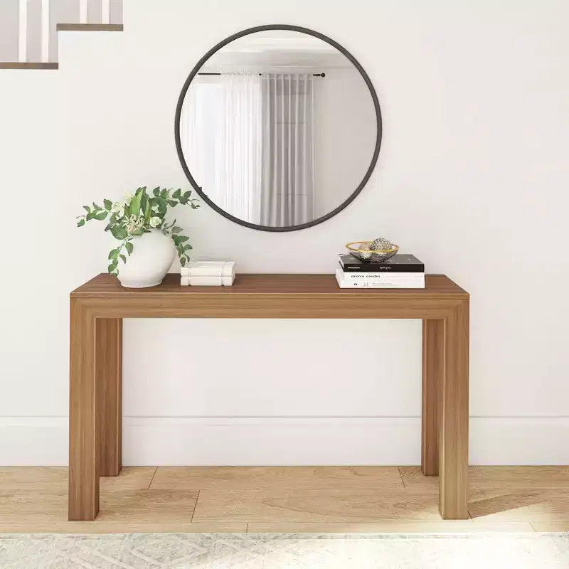 Mesa consola de 56", madera maciza, estilo estrecho moderno, negro / rubio / nogal americano