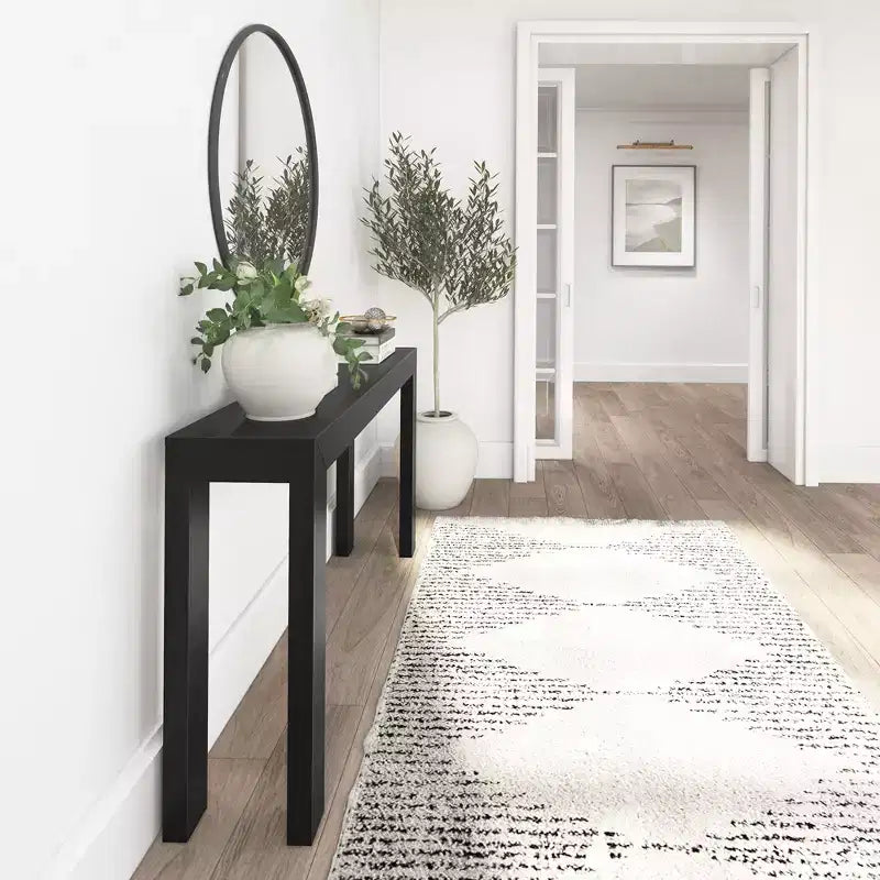 Mesa consola de 56", madera maciza, estilo estrecho moderno, negro / rubio / nogal americano