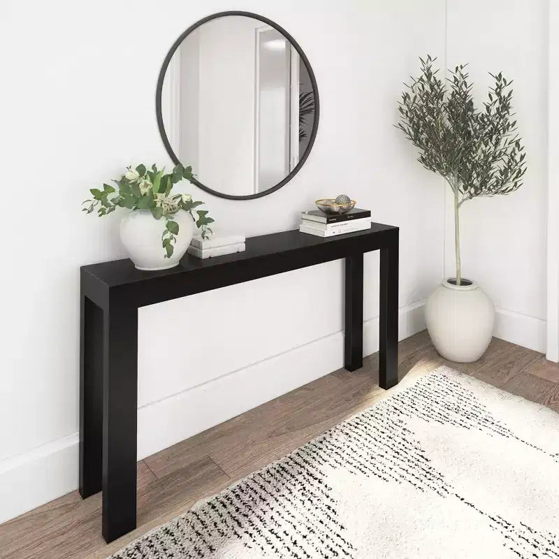 Mesa consola de 56", madera maciza, estilo estrecho moderno, negro / rubio / nogal americano