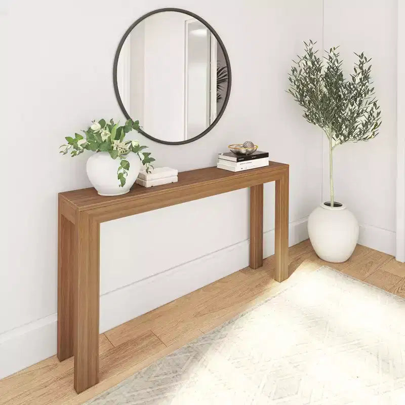 Mesa consola de 56", madera maciza, estilo estrecho moderno, negro / rubio / nogal americano
