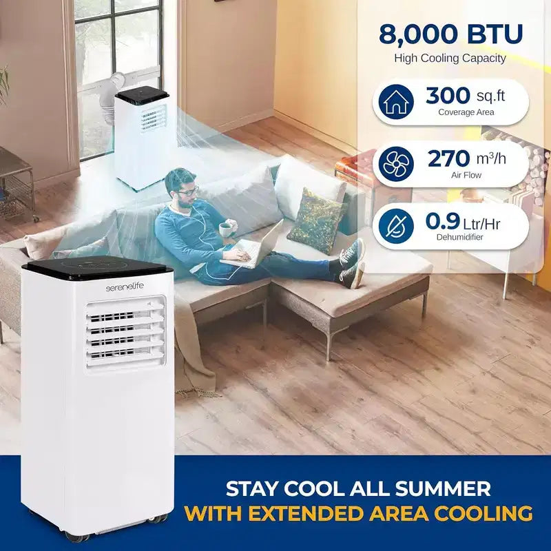 Climatiseur portable SereneLife SLACP803 avec déshumidificateur et ventilateur, 8000 BTU (blanc et noir)