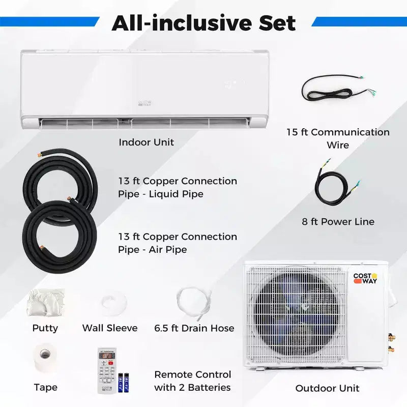 Climatiseur et Chauffage Mini Split Costway 18000 BTU avec Wi-Fi et Pompe à Chaleur Blanc/Noir
