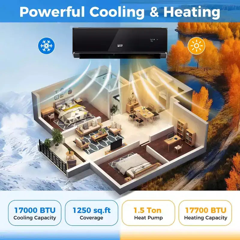 Climatiseur et Chauffage Mini Split Costway 18000 BTU avec Wi-Fi et Pompe à Chaleur Blanc/Noir