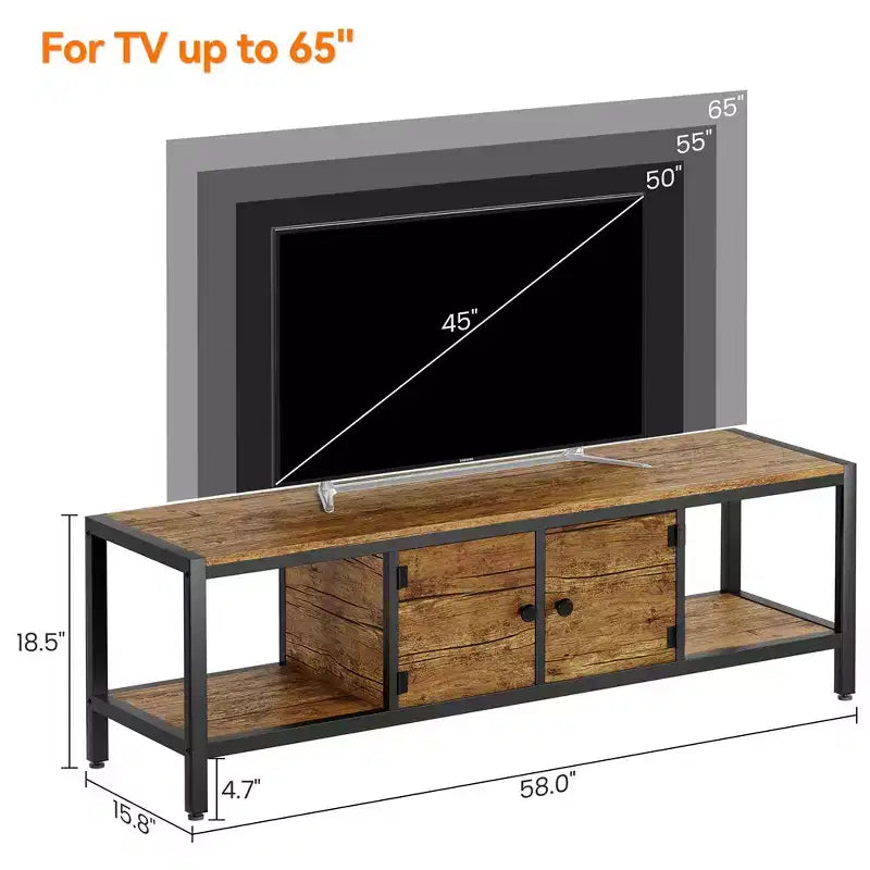 Mueble de TV rústico marrón de 58 pulgadas con almacenamiento, 2 estantes cerrados y 2 abiertos, para televisores de hasta 65 pulgadas, montaje por 1 persona