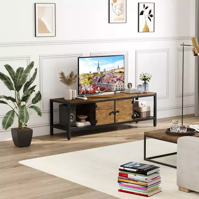Mueble de TV rústico marrón de 58 pulgadas con almacenamiento, 2 estantes cerrados y 2 abiertos, para televisores de hasta 65 pulgadas, montaje por 1 persona