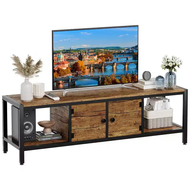 Mueble de TV rústico marrón de 58 pulgadas con almacenamiento, 2 estantes cerrados y 2 abiertos, para televisores de hasta 65 pulgadas, montaje por 1 persona