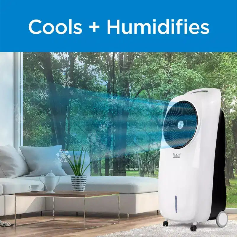 Refroidisseur d'air par évaporation BLACK+DECKER avec écran LED, télécommande, réservoir d'eau de 7,5 litres – Design compact et léger, blanc