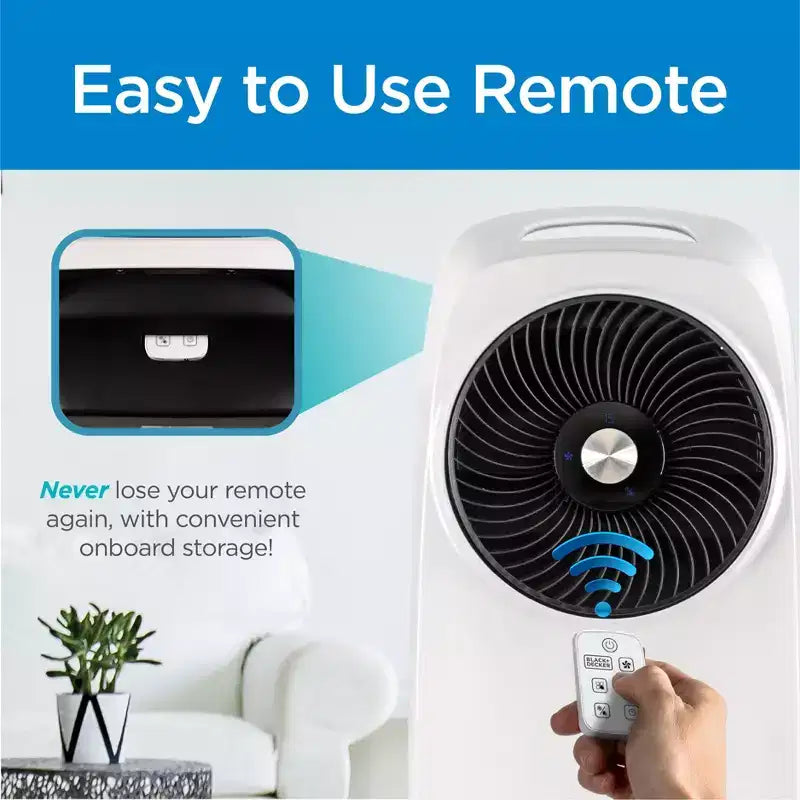Refroidisseur d'air par évaporation BLACK+DECKER avec écran LED, télécommande, réservoir d'eau de 7,5 litres – Design compact et léger, blanc