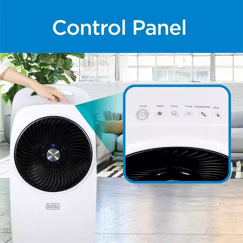 Refroidisseur d'air par évaporation BLACK+DECKER avec écran LED, télécommande, réservoir d'eau de 7,5 litres – Design compact et léger, blanc